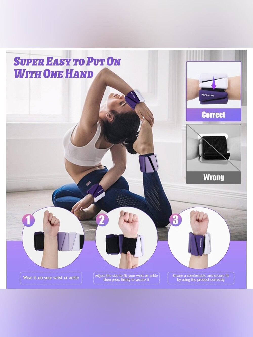 BECOJADDE Workout Ankle & Wrist Weights Adjustable Set of 2 , (2lbs Each) Purple - Picture 6 of 9